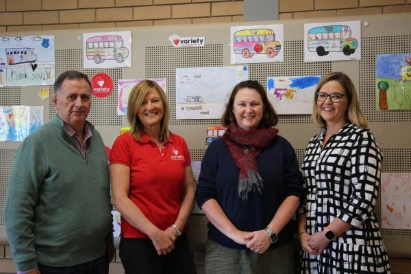 Gilgandra mayor Doug Batten, Variety's Head of Kids Support Liz Gearing and GPS Assistant Principals Catherine Dunn and Rebecca Rogers at the celebration.