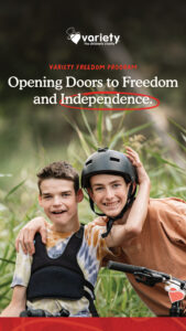 Variety social image, Variety Freedom program - Opening doors to freedom and independence featuring two boys riding specialised bikes.